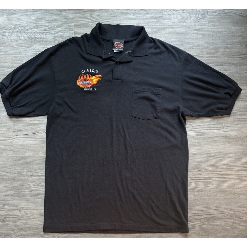 VTG Harley Davidson Classic Reading PA Polo Shirt Men's XL Flaming Eagle Black